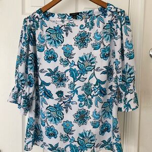 Ann Taylor Factory Blue Ruffled 3/4 Sleeve Top